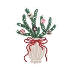 Christmas tree branches with ornaments in vase tied with ribbon on white background. Winter holiday and New Year celebration. Design for greeting card, invitation, poster, print. Vector illustration