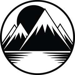 Obraz premium Circular mountain landscape silhouette with sun and water reflection