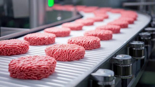 Continuous line of raw, freshly formed ground meat patties moving on a clean, automated conveyor belt in a food factory