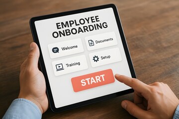 Digital employee onboarding on a tablet screen with a finger pointing to the start button. 