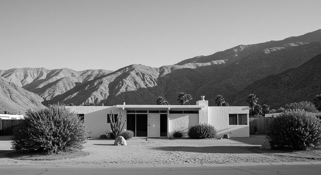 Modern desert home nestled against mountains in Palm Springs, bathed in sunlight, serene