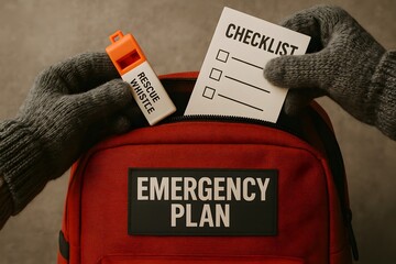 Preparedness: An emergency plan concept illustrated with checklist and rescue whistle. 