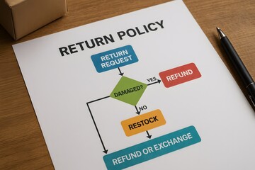 Return policy concept: a flowchart detailing return processes. 