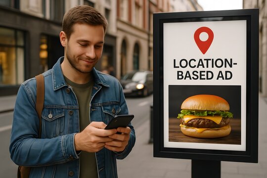 A man using mobile phone with a location-based advertisement. 