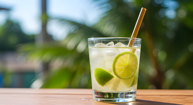 Summer Drink Caipirinha with Bamboo Straw