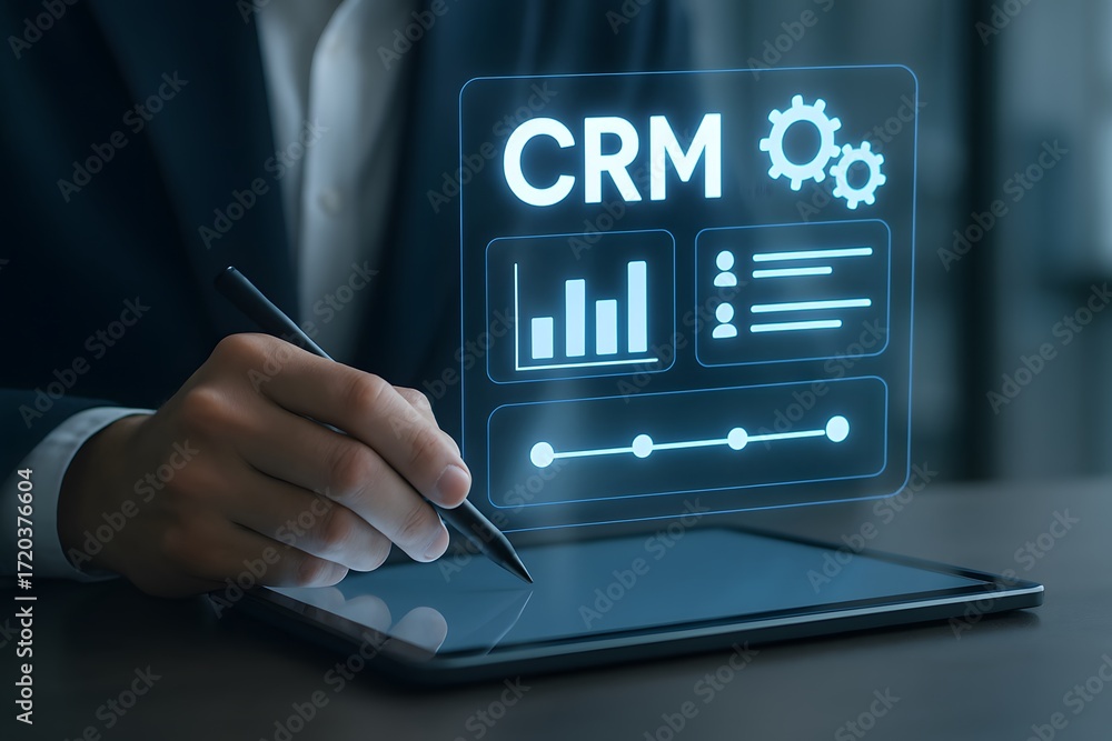 Poster businessperson working with crm software interface.