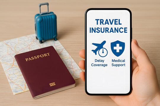 Travel insurance concept showing travel essentials with a mobile phone. 