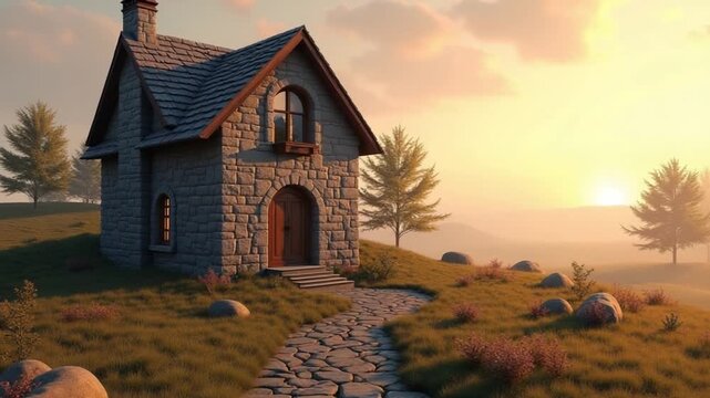 CGI Old stone house in a quiet landscape at sunrise with soft light
