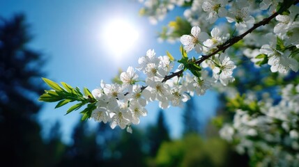 Obraz premium Sunlit Tree Branch with Blooming Flowers