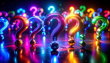 Vivid, multi-colored, metallic question marks illuminate a dark background with neon-like reflections. The questions are in a close-up, three-dimensional display