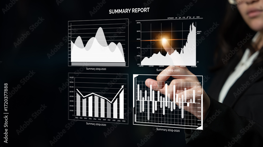 Poster a business professional interacts with a digital summary report, featuring various graphs and charts
