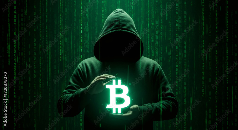 Aufkleber hacker man holding glowing bitcoin coin. cyber crime and cryptocurrency fraud concept with matrix ba