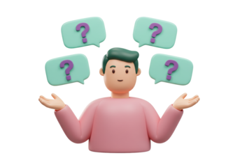 Isolated man surrounded by questions, in 3D cartoon style, facing uncertainty and doubt