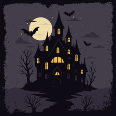 Halloween illustration with silhouette of castle at glowing moon and dead trees near cemetery crosses flat - Vector design for printing. Good for poster, wallpaper, t-shirt, gift.