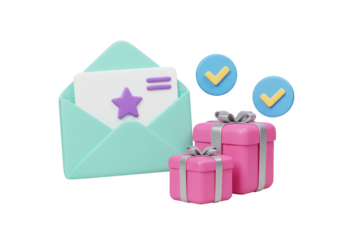 Isolated gift box with check mark and letter for email notification, social media reward
