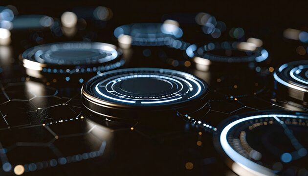 Futuristic holographic dashboard display with virtual digital elements glowing in darkness.