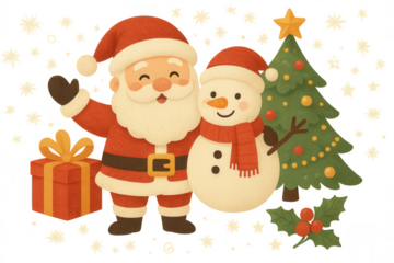 Santa claus and a friendly snowman enjoying winter christmas celebration, holding a present, standing next to a decorated tree
