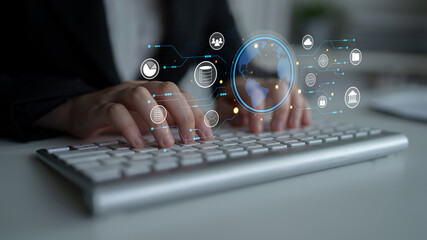 A global business network and digital infrastructure concept. A worldwide connection of services including data, finance, and secure communication. Motif
