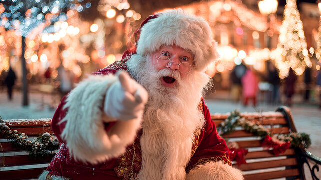 Santa Claus Directs: A jovial figure in a classic Santa suit gestures, engaging viewers against a vibrant, festive winter backdrop. This image is filled with Christmas magic and cheer.