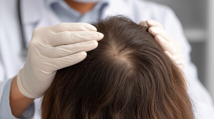 Naklejka premium Doctor wearing gloves inspecting a woman’s scalp to assess hair thinning and scalp health