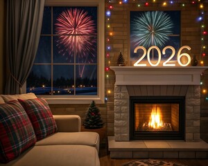 Cozy winter night living room fireworks and new year 2026 celebration