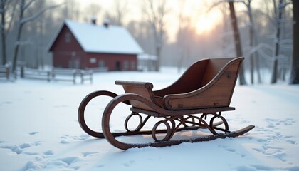 Vintage wooden sleigh parked on snow in winter landscape  
