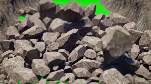 Dramatic rockslide animation with dynamic movement against vibrant green screen, perfect for VFX and environmental simulations in video productions