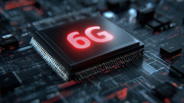 Macro view of a microchip with glowing red 6g text on a circuit board