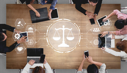 Futuristic digital law interface displaying justice scale, highlighting digital law, AI compliance,...