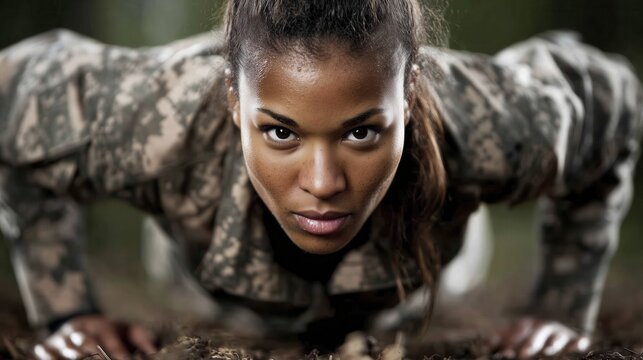 Close-up, low-angle shot of a determined, focused young African American woman in a camouflage military uniform performing an exercise outdoors