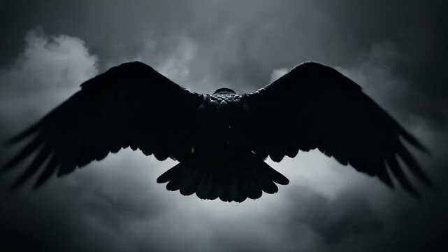 A raven with widespread wings flies against a backdrop of ominous clouds, with the raven appearing as a silhouette. The raven cuts through the sky, striking against the dark clouds