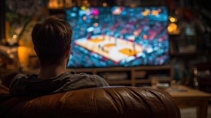Obraz premium Man sitting on a leather chair watching a basketball game on a large screen television