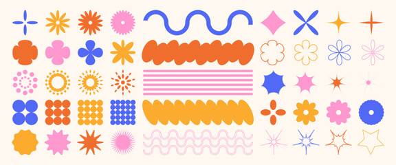 Modern abstract shapes and lines. Retro-style forms. Shape elements for poster, banner, and sticker design. Vector illustration of stars, flowers, shapes, and lines