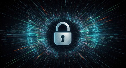 Padlock icon surrounded by blue light streaks on a dark background.