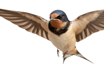 Barn swallow in flight, wings outstretched, close-up view showcasing detailed plumage. background removed