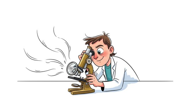 Cartoon illustration of a young scientist smiling while looking through a vintage microscope in a lab.
