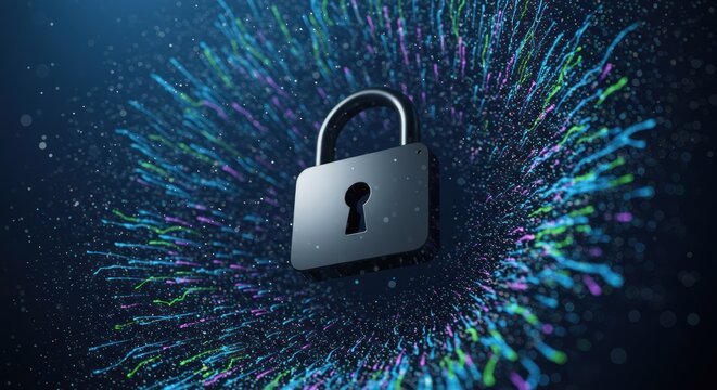 Padlock security concept with digital data streams in a dark blue background. - Powered by Adobe