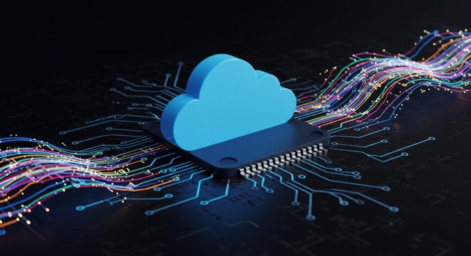 Blue cloud icon atop a computer chip with glowing data streams. - Powered by Adobe