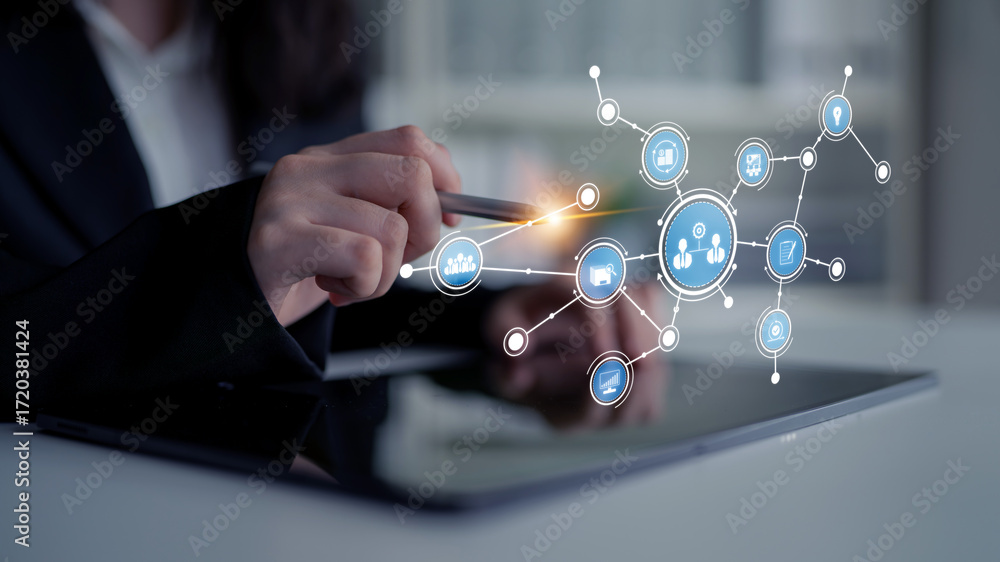 Poster a business professional interacts with a tablet displaying digital icons that symbolize modern techn