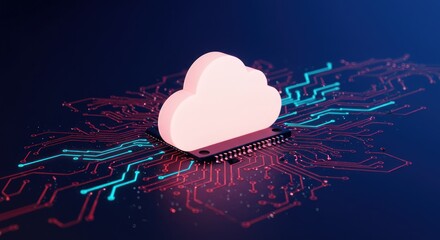 Cloud symbol on a circuit board with blue and red light trails.