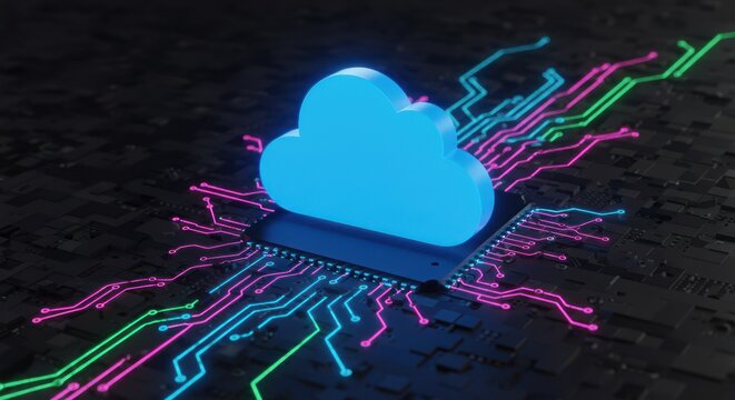 Blue cloud icon on chip with colorful circuit board lines dark background.