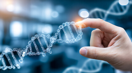 Hand interacting with a digital DNA double helix in a scientific setting