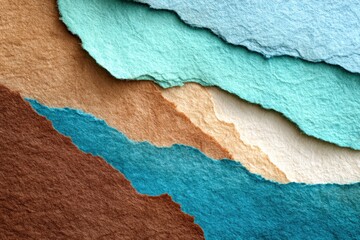 Layered torn paper texture in turquoise and brown hues, showcasing rich visual depth and organic shapes, perfect for creative design projects and backgrounds with copy space