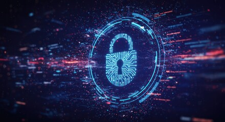 Blue padlock symbol with digital data streams security concept technology background.