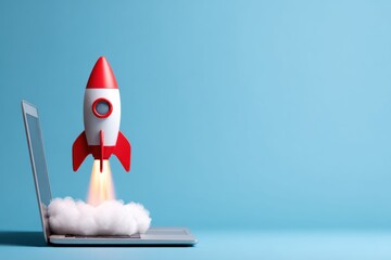 Rocket blasting off from a laptop, representing business launch, technology, and rapid progress