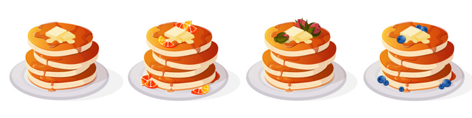 Set of pancake illustrations. Pancakes. Pancakes for breakfast. Sweet breakfast. Pancakes with fruits. Pancake illustrations for designing posters, banners, social media. Pancake elements