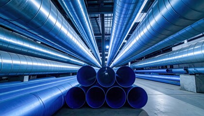 Stacked industrial pipes arranged symmetrically creating visual balance and harmony in a modern engineering environment focused on precision and functional technological innovation.