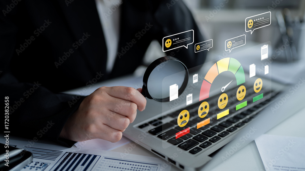 Poster a concept of customer feedback analysis and satisfaction reporting. a dashboard for reviewing user c