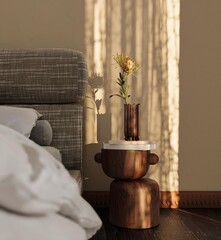 luxury hotel room with a copper vase with flowers..
