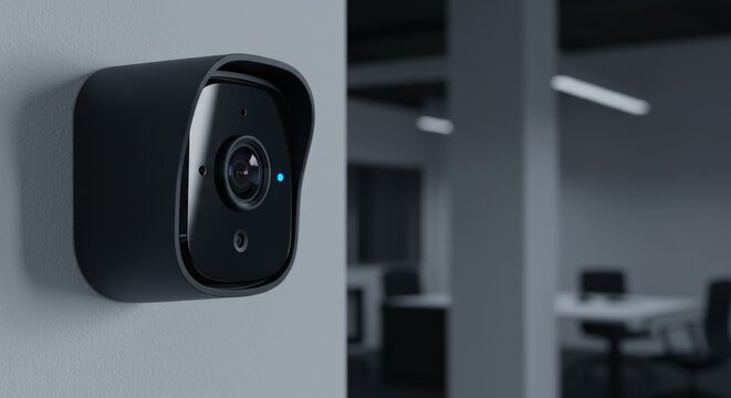 Security camera mounted on a wall in an office setting.